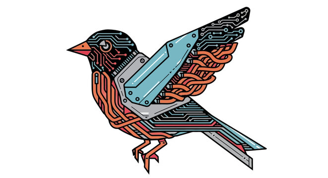 Abstract illustration of a robotic bird with circuit board and technology elements
