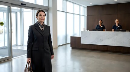 Fototapeta premium Professional Asian businesswoman in elegant black coat standing in modern hotel lobby with marble reception desk and staff in background.