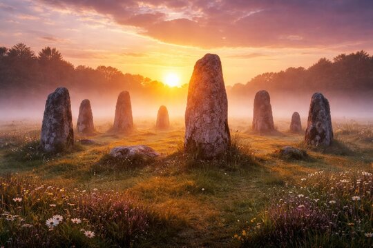 Ancient stone circle bathed in golden sunrise light with morning mist