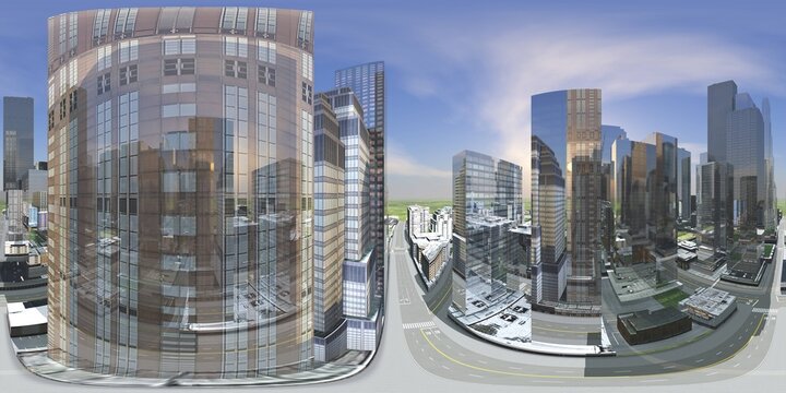 panorama of the cityscape, HDRI. Equirectangular projection. Spherical panorama. Panorama of the city. Environment map.
3D rendering
