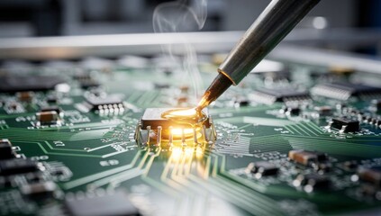 Obraz premium Close-up of soldering a microchip on a green circuit board in an electronics factory