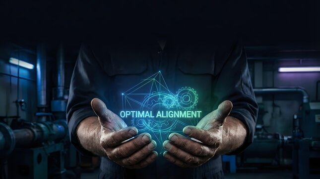 Businessman hands presenting holographic optimal alignment network with glowing blue geometric connections in modern industrial workspace for technology concepts.