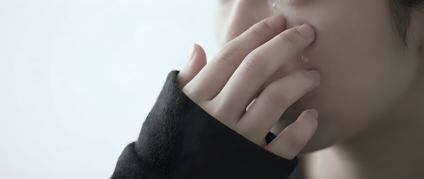 Young woman cupping hand to ear in listening gesture wearing dark sweater against soft light background for communication and hearing concepts.