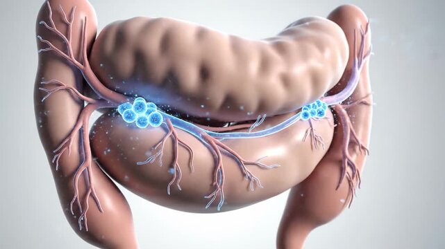 Medical animation showing the process of nerve stimulation and neural communication within the human digestive system