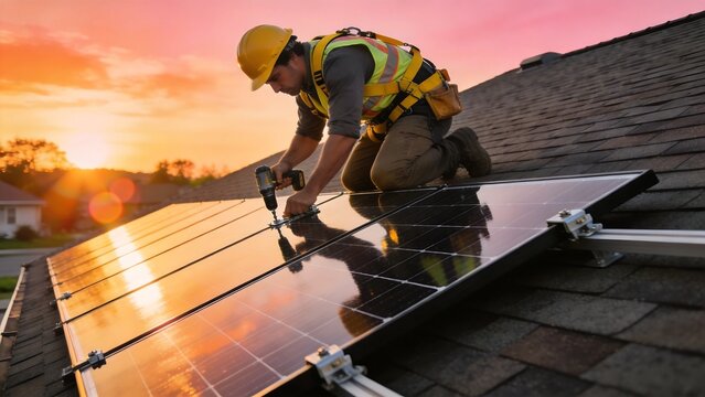 Worker installing solar panels on roof