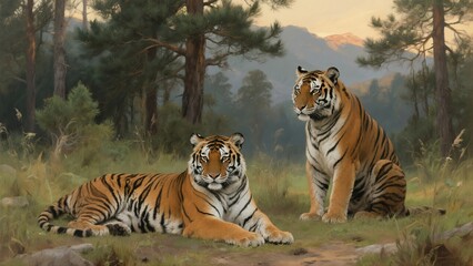 Fototapeta premium Two tigers in forest landscape