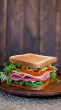 Rotating sandwich with ham cheese and fresh vegetables on wooden background