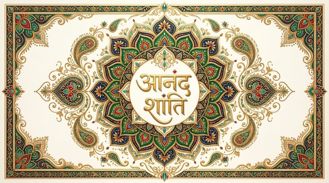 Discovering Inner Peace An Abstract Representation of Harmony and Serenity with Elegant Paisley Motifs and Hindi Script