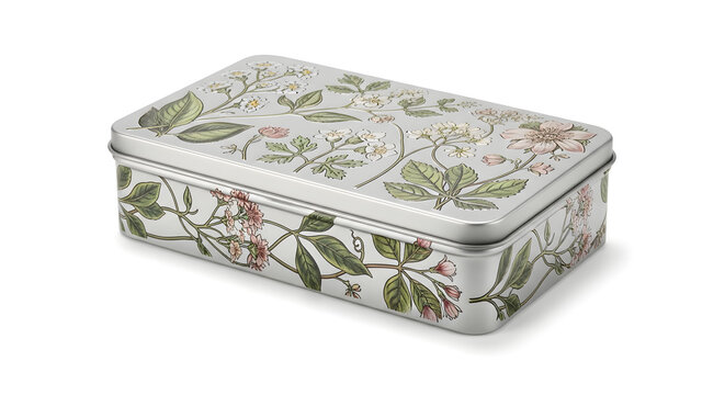 A beautifully designed floral tin box with a white background and green leaves