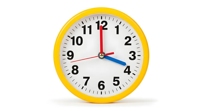 A bright yellow clock with a white face and black numbers on a plain white background