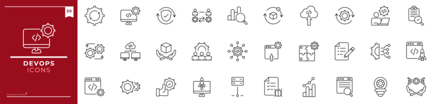 Devops, Outline icons collection. Simple vector illustration. software development, deployment, operate, monitor, testing, collaboration and more