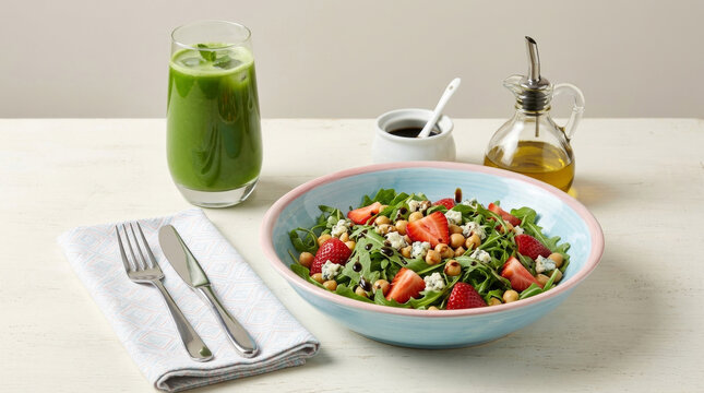 Arugula salad with strawberries, gorgonzola cheese, and chickpeas, served with a green detox juice