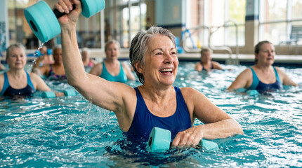 Fototapeta premium Close-up of a smiling senior woman participating in an aqua aerobics class in a swimming pool; active aging and water fitness concept, joyful expression, clear blue water background