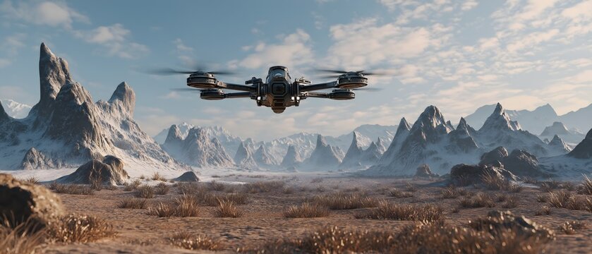 futuristic drone flying over alien world