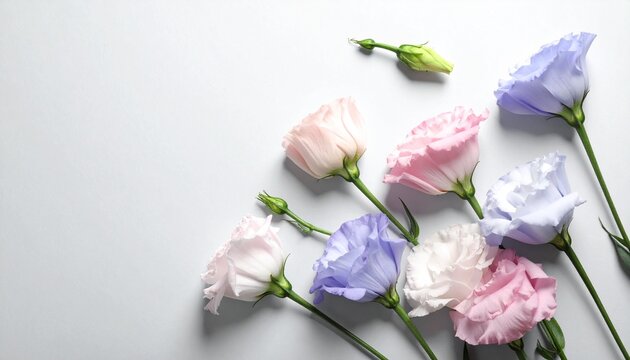 Ein minimalistisches Flat-Lay-Arrangement aus zarten Lisianthus-Bl&uuml;ten in Rosa- und Blaut&ouml;nen