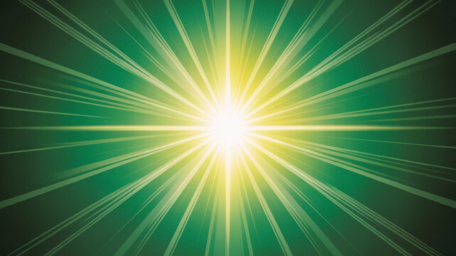 A bright yellow light shines with green rays on a dark background