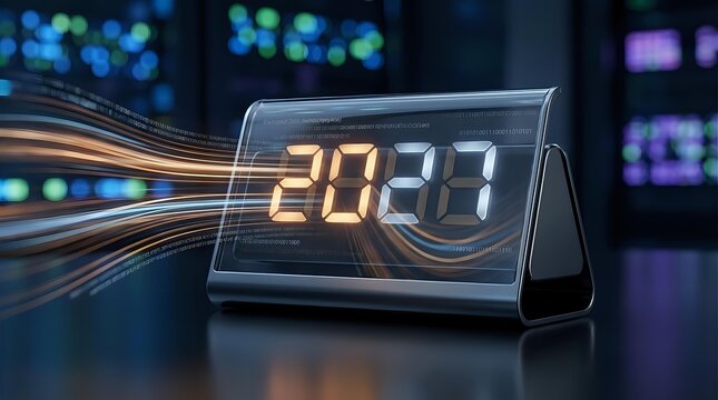 Futuristic digital clock displaying 2024 with glowing orange numbers and dynamic light trails on modern desk against blurred tech background.