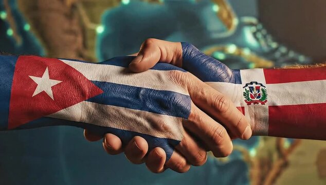 Cuban and dominican hands shaking over world map background.