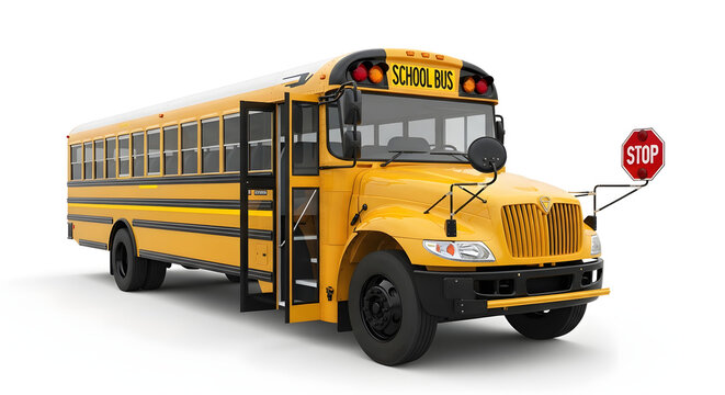 A yellow school bus with a stop sign extended on a white background