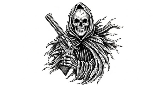Hooded Grim Reaper Skeleton Holding Scythe Illustration.