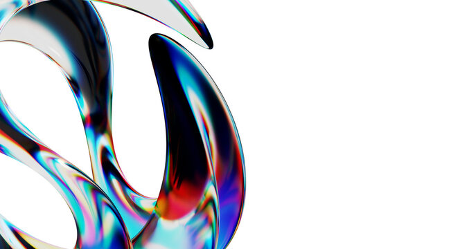 Abstract liquid glass, fluid flow shape with iridiscent colors, flare and light refraction on transparent background
