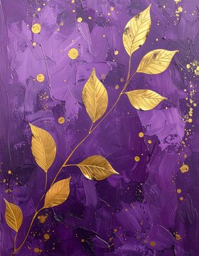 A purple painting with a gold leaf branch and dots