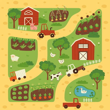A farm game map featuring roads, fields, a barn, and animals. Ideal for children's games, educational apps, board games, and interactive design.