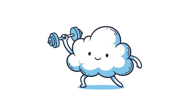 Cartoon cloud lifting weights vector illustration against white background