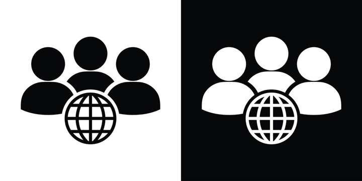 Modern vector icon of a team of individuals paired with a globe, signifying global workforce, international business relations, outsourcing, and worldwide communication networks.