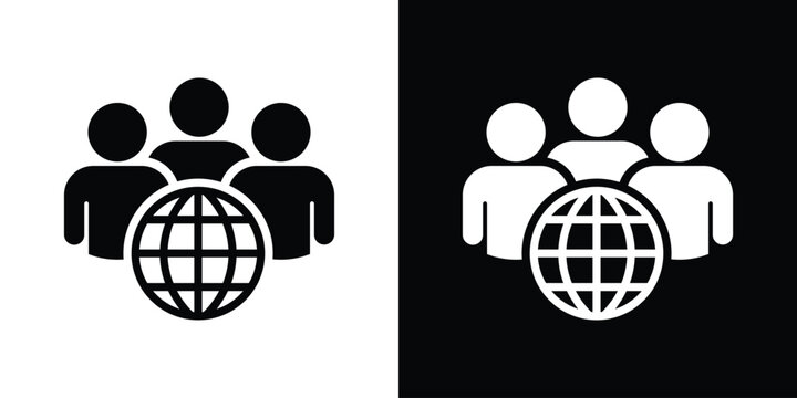 Modern vector icon of a team of individuals paired with a globe, signifying global workforce, international business relations, outsourcing, and worldwide communication networks.