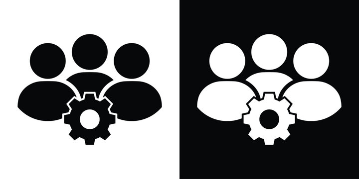 Professional flat vector icon featuring a team of people with a central gear, representing team management, technical support, workforce optimization, and collective industrial operations.