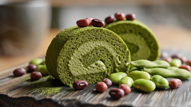 Matcha green tea swiss roll with red beans and edamame