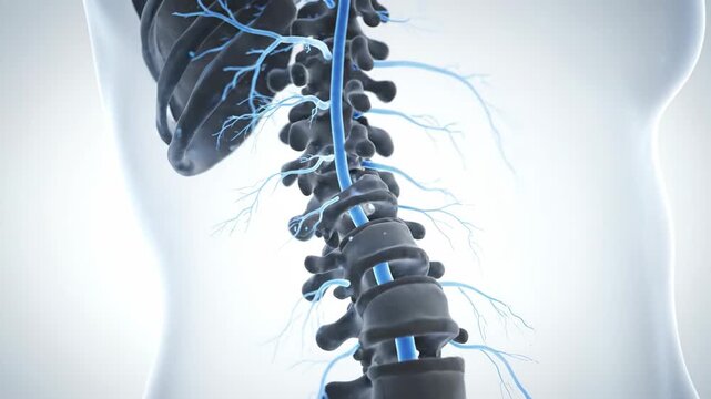 3D animation showcasing detailed human spine with nerve network emphasizing spinal health