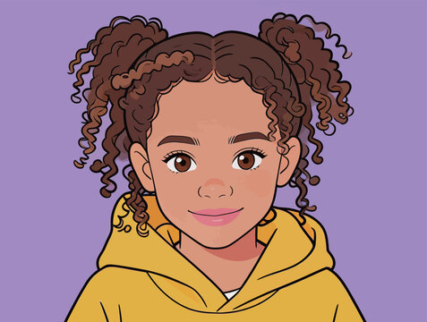 Illustrated Portrait of a Smiling Girl with Curly Hair
