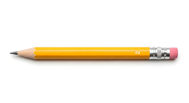 A sharp yellow pencil with a pink eraser on a white background