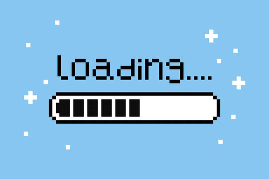 Pixel loading screen with progress bar in retro 8-bit style on clean light blue background. In progress. Modern UI design for mobile apps, SaaS dashboards, onboarding screens, and digital products.