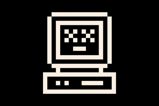 Y2k old monitor computer. Pixel error screen computer icon in retro 8-bit style on black background. Minimal cute digital illustration for retro technology design, vintage interfaces, gaming visuals