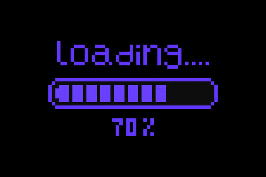 Y2k Pixel 70% loaded loading screen with progress bar in retro 8-bit style on dark background. Download bar vector element. Modern UI design for mobile apps, SaaS, gaming interfaces, digital products
