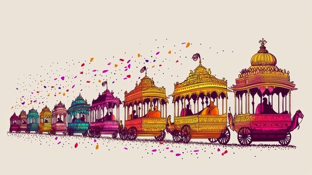 Colorful and intricately designed chariots in a festive procession.