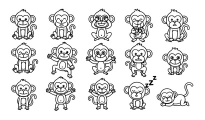 Black and white cute monkey cartoon vector set with playful poses outline characters for coloring page © MstKamrun