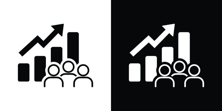 Bar graph showing upward growth trends alongside a group of people. Perfect for HR metrics, talent development, population statistics, and business performance analytics.