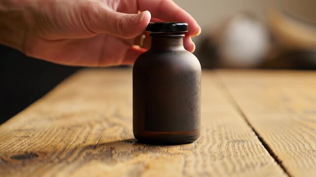 Elegant hand with natural nails gently places artisanal dark glass bottle on richly textured, weathered wood. Macro dolly video, golden hour light, creamy bokeh. Serene authenticity and premium