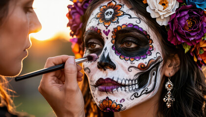 Fototapeta premium A woman is applying makeup to another woman's face, creating intricate sugar skull designs. The painted woman exhibits vivid colors and floral decorations in her hair.