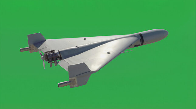 Fixed-wing drone flying against green screen background. Unmanned combat aerial vehicle with delta wing design and rear pusher propeller for military surveillance and attack missions.