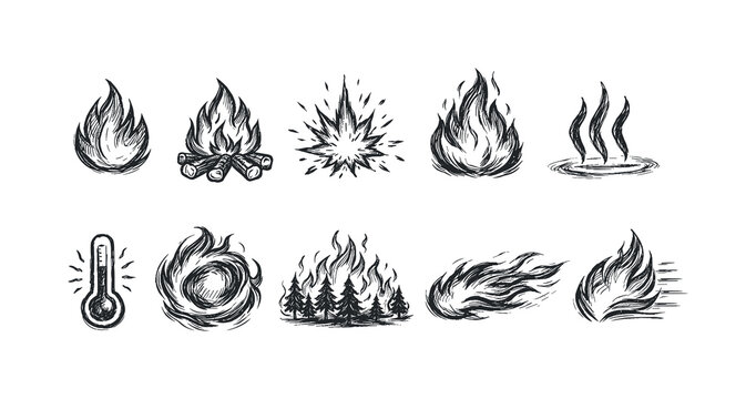 Collection of hand-drawn fire and heat related icons in a sketchy style