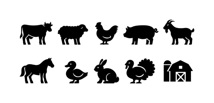 Collection of farm animal silhouettes including a cow, sheep, chicken, pig, goat, horse, duck, rabbit, and turkey