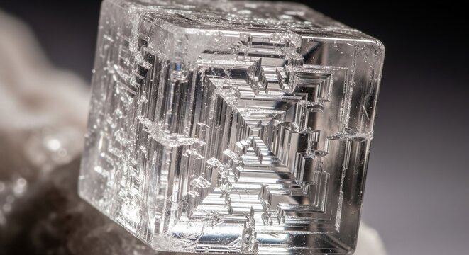 A perfect cubic crystal of halite (rock salt) showing internal geometric hopper growth.
