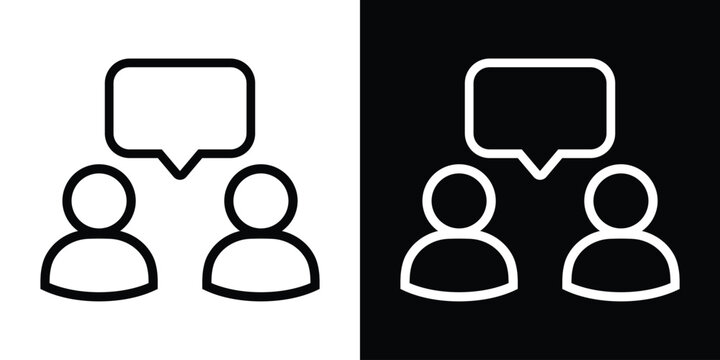 Minimalist icon featuring two human silhouettes with a shared speech bubble. Ideal for symbolizing dialogue, customer support, feedback, consultation, and collaborative communication concepts.