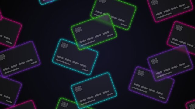 Neon glowing credit cards, colorful floating and rotating on dark background, seamless loop, symbolizing finance, technology, and modern payment methods.
