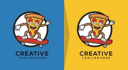 Cartoon pizza skateboard graphic design. © doane